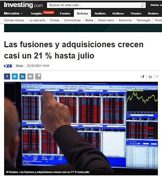 Las fusiones y adquisiciones crecen casi un 21 % hasta julio